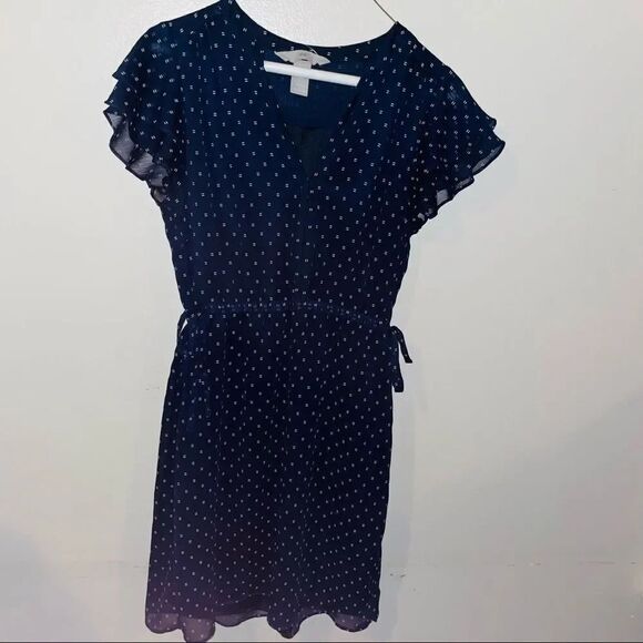 LOFT Navy Blue Polka Dot Ruffle Sleeve V-Neck Tie Waist Dress - Picture 7 of 8